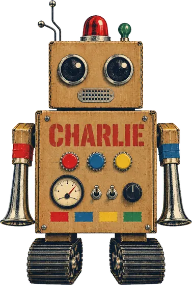 Charlie: a robot built from cardboard boxes, with dial eyes, a bent wire antenna, bottle-cap buttons and funnel arms.